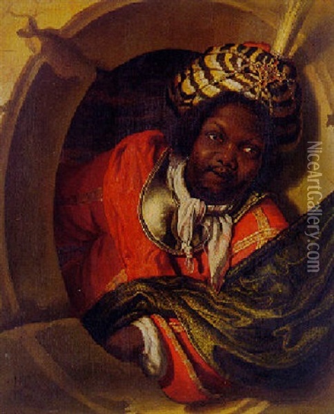 Portrait Of A Moor Holding A Flag At Window Oil Painting - Bartholomeus Maton