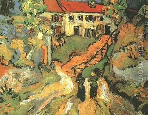 Village Street And Steps In Auvers With Two Figures Oil Painting - Vincent Van Gogh