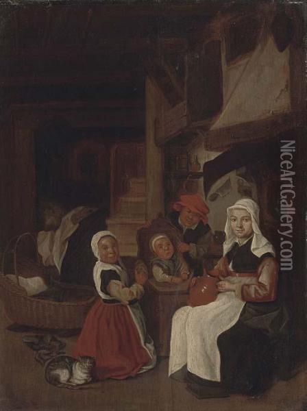 A Peasant Family In An Interior Oil Painting - Jan Steen