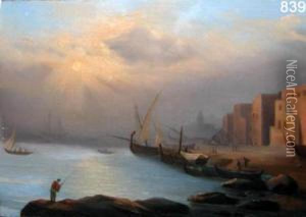 Marina Con Barche E Personaggi Oil Painting - G. Vernet