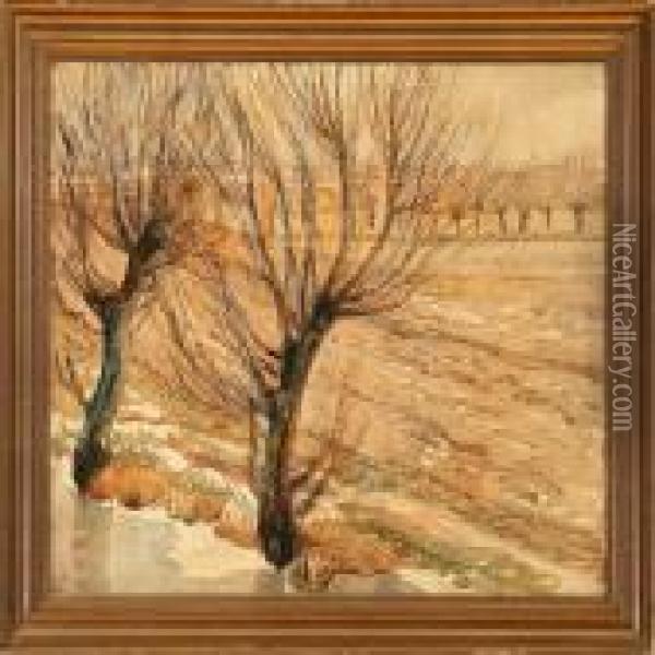 Scenery, Early Spring,with Pollarded Willow Trees Oil Painting - Fritz Syberg