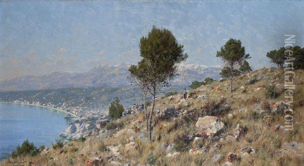 Vue Du Mont Boron, Nice Oil Painting - Johan Peter Von Wildenradt