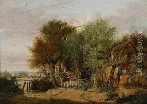 Shepherd And His Flock By A Woodland Cottage Oil Painting - Alfred Stannard