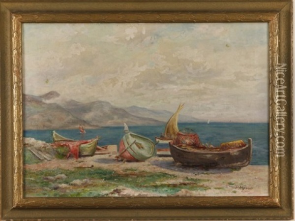 Coastal Scene With Boats Along The Shore Oil Painting - Peter Alfred Gross