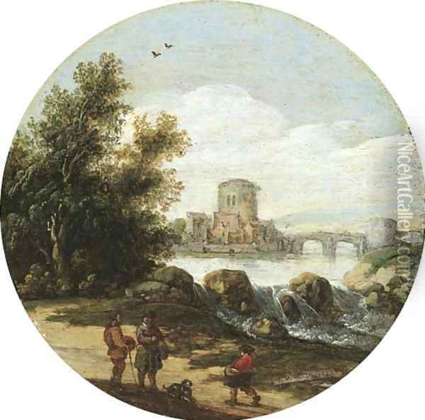 A river landscape with travellers on a path near a waterfall, a small village beyond Oil Painting - Esaias Van De Velde