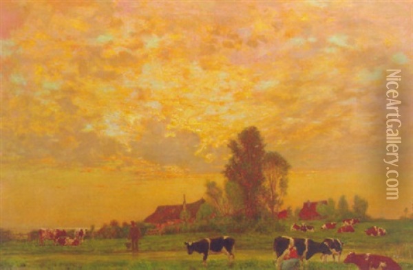 A Dutch Landscape With Cows In A Meadow At Sunset Oil Painting - Carl Friedrich Kappstein
