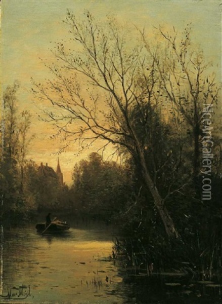 Abendliche Flusslandschaft Oil Painting - Marius Heyl