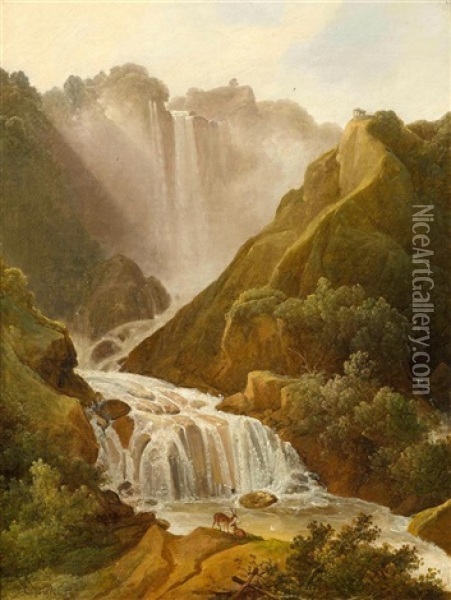 Waterfalls At Tivoli Oil Painting - Leopold Buerkli