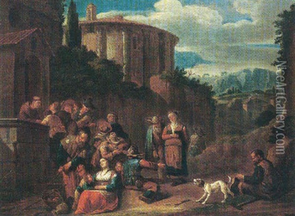 Pilgrims Seeking Alms At A Monastery Oil Painting - Johannes Lingelbach