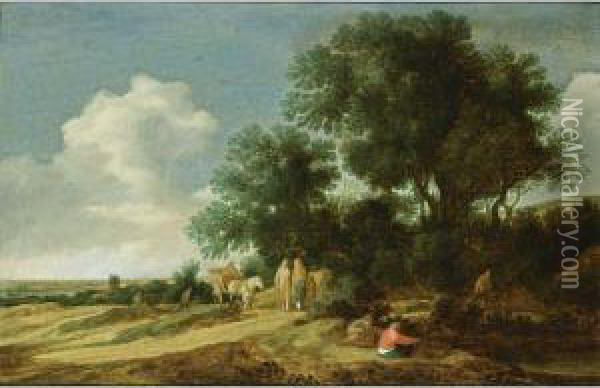 An Extensive Dune Landscape With
 Travellers And Horse-drawn Wagon On A Path, With A Village In The 
Background Oil Painting - Pieter De Molijn