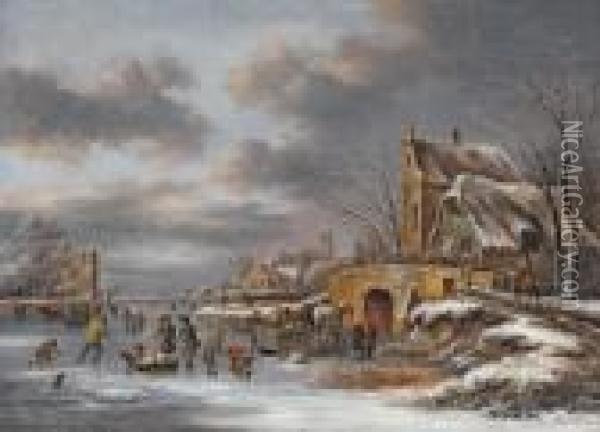 Winterlandschaft Mit Schlittschuhlaufern Und Warenhandler Oil Painting - Claes Molenaar (see Molenaer)