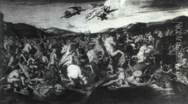 The Emperor Constantinus Defeating Maxentius At The Milvius Bridge Near Rome Oil Painting - Giulio Romano