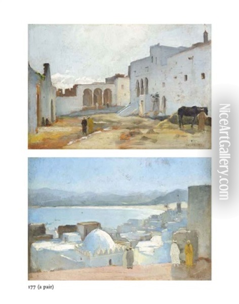 Arabs In A North African Coastal Town (+ Arabs In A Quiet Square; Pair) Oil Painting - Charles Theodore (Frere Bey) Frere