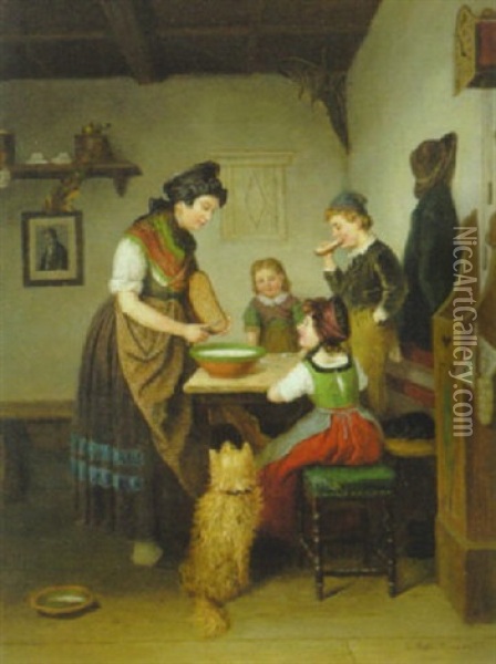 Junge Bauerin Mit Drei Kindern In Der Stube Am Tisch Bei Der Mahlzeit Oil Painting - Karl Hetz