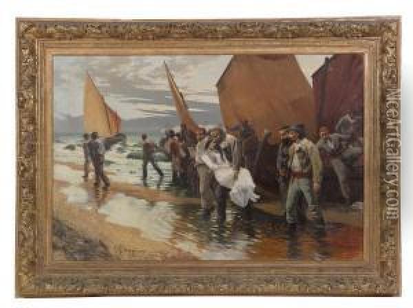 Garibaldi Trasporta A Braccia Anitalungo La Spiaggia Di Cesenatico Oil Painting - Emilio Paggiaro