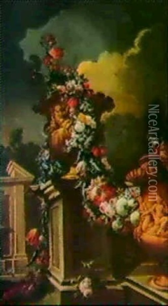 Vasque De Fleurs Dans Un Paysage Oil Painting - Gasparo Lopez