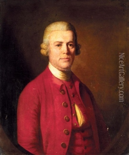 Portrait Of A Gentleman, Half-length, Wearing A Red Coat And A White Neck Tie Oil Painting - Nathaniel Hone the Elder