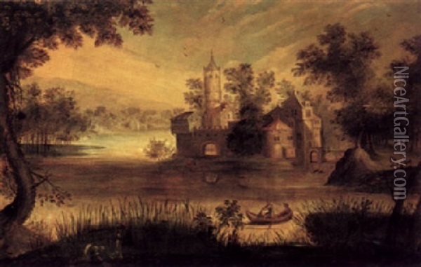 A River Landscape With Figures In A Boat And Castle Beyond Oil Painting - Claes Dircksz van der Heck
