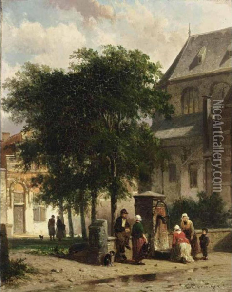 Figures Behind The Church, Woerden Oil Painting - Cornelis Springer