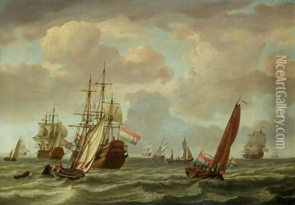 A Dutch Man-O-War And A Two-Decker In A Stiff Breeze Oil Painting - Adam Silo