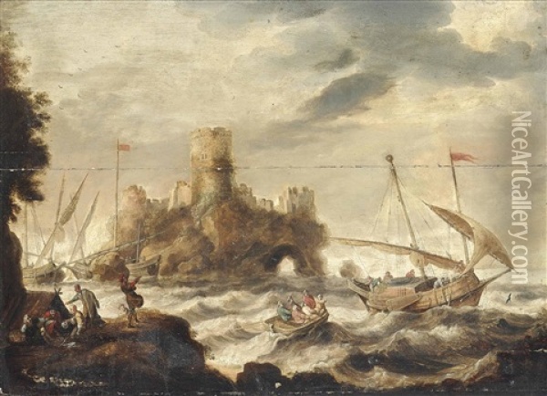 Dutch Smalschips Inshore In Heavy Seas Before A Fortified Island Oil Painting - Bonaventura Peeters the Elder