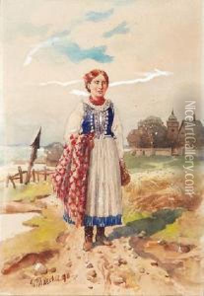 Wiejska Kobieta Na Drodze Oil Painting - Michal Pociecha
