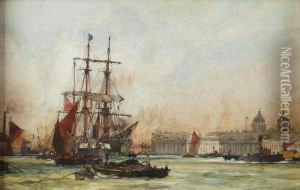 A Busy Thames View The Tower Of London In The Distance Oil Painting - Charles Edward Dixon