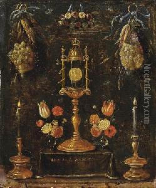 A Pyx With Roses, Tulips And Carnations In Glass Vases On A Draped Altar, Flanked By Two Candlesticks, Decorated With Swags Of Fruit And Flowers Oil Painting - Jan van Kessel