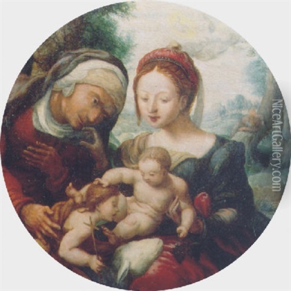 The Madonna And Child Adored By Saint Elisabeth And The Infant Saint John The Baptist In A Landscape Oil Painting - Jan Sanders (Jan van) Hemessen