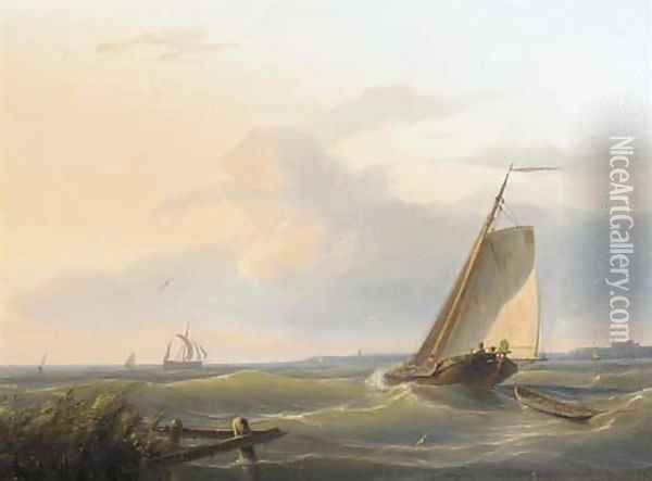 Sailing vessels in an estuary Oil Painting - Nicolaas Riegen