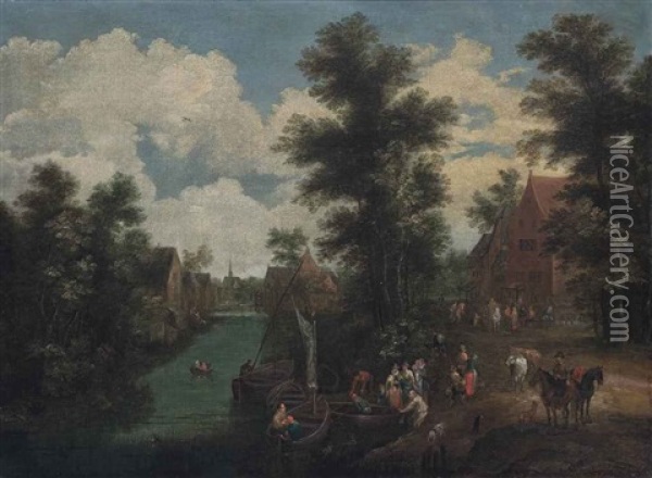A River Landscape With Figures On The Bank, A Village Beyond Oil Painting - Jan Peeter Brueghel