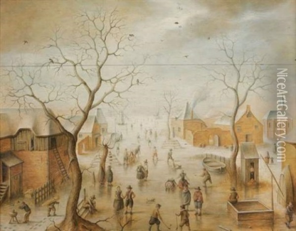 Scene D'hiver (in 3 Parts) Oil Painting - Hendrick Avercamp