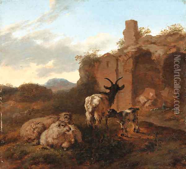 An Italianate Landscape with Sheep and Goats near Ruins Oil Painting - Jacob Van Der Does I