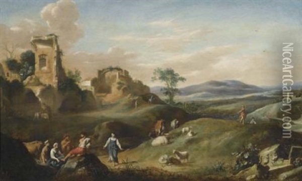 Ruinenlandschaft Mit Hirten Und Vieh Oil Painting - Cornelis Van Poelenburgh