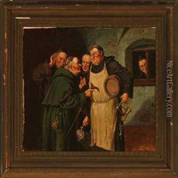 Monks Drinking Around A Table Oil Painting - Olaf Simony Jensen