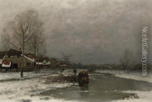 Cold Winterday Oil Painting - Johann Jungblutt