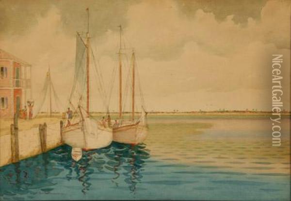 Tropical Harbor Scene With Docked Sailboats Oil Painting - Hartwell Leon Woodcock