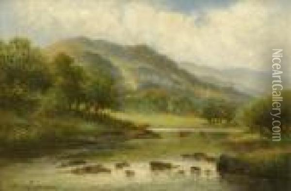 A Highland Summer,a Sunlit Mountainous River Landscape With Cattle Oil Painting - William Langley