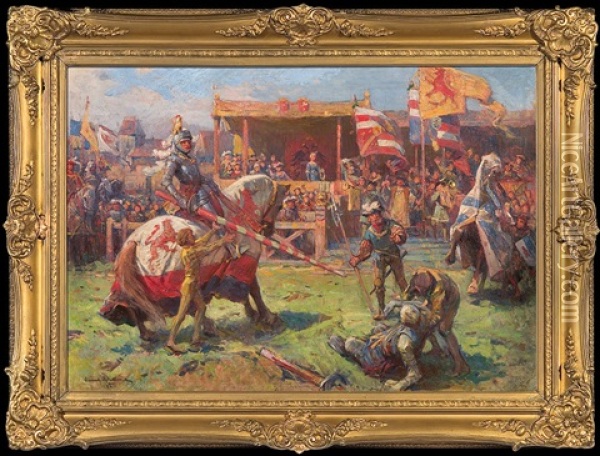 At The Tournament Oil Painting - Zygmunt Ajdukiewicz
