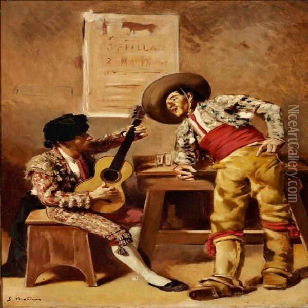 A Bullfighter And A Guitarist In A Tap Room Oil Painting - Segundo Matilla Y Marina
