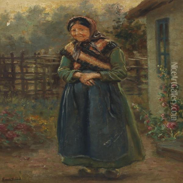 Elderly Woman In Flowering Garden Oil Painting - Emil Carl Lund