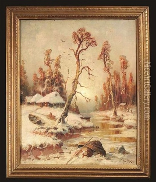 Winterliche Flusslandschaft Bei Sonnenuntergang Oil Painting - Yuliy Yulevich (Julius) Klever