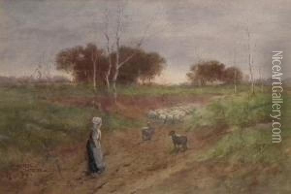 Country Landscape With Shepherdess Andher Flock Oil Painting - Hutton Mitchell