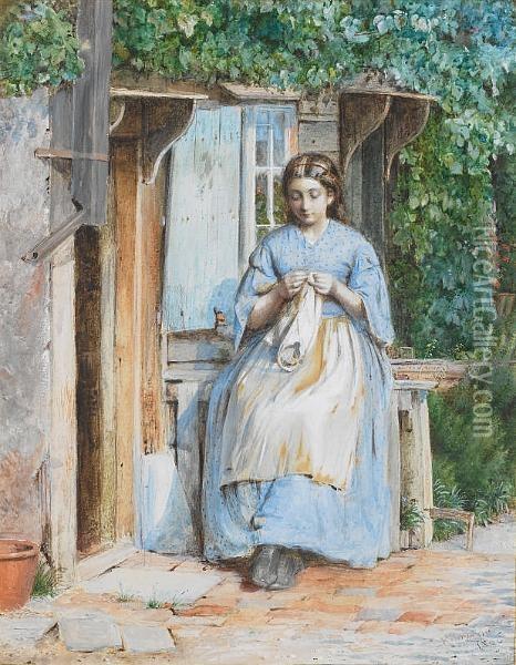 A Young Girl Sewing Oil Painting - George Goodwin Kilburne