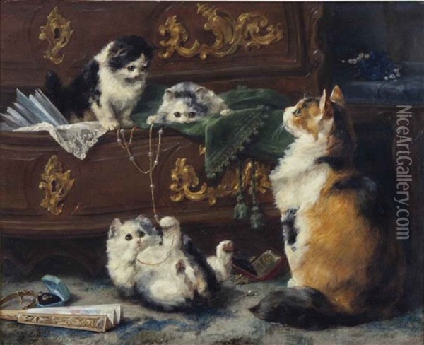 A Cat With Her Kittens Oil Painting - Charles van den Eycken