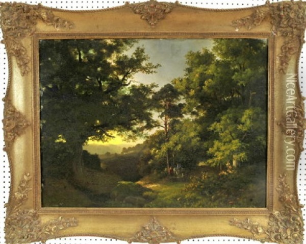 Waldlandschaft In Der Abenddammerung Mit Zwei Wanderern Oil Painting - Johann Wilhelm Schirmer