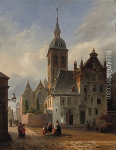 On The Sunlit Church Square Oil Painting - Henry Lallemand
