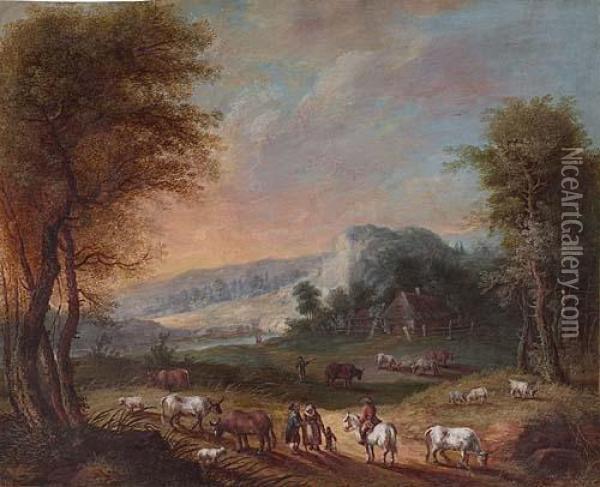 An Idyllic Landscape With A Farm And Figures Meeting On A Path Oil Painting - Jakob Christian Seng