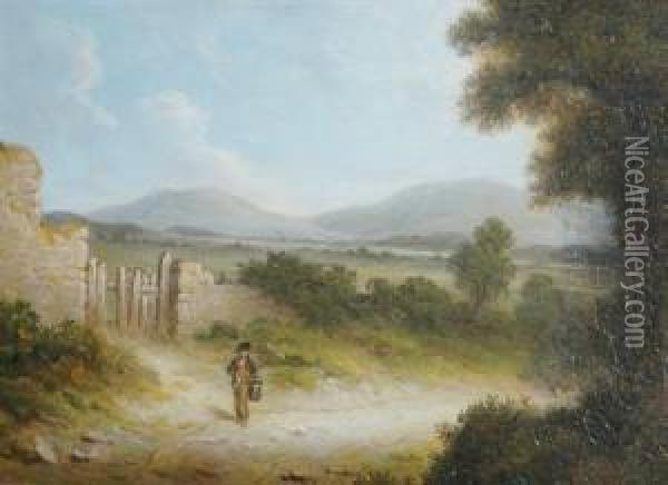 Figure On A Country Path, Stirling In The Distance Oil Painting - John Pitman