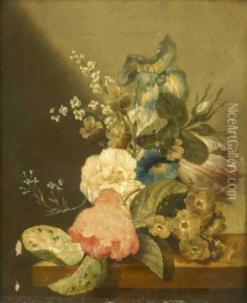 Iris, Convolvulus And Other Flowers On A Stone Ledge Oil Painting - Jan Van Hysum